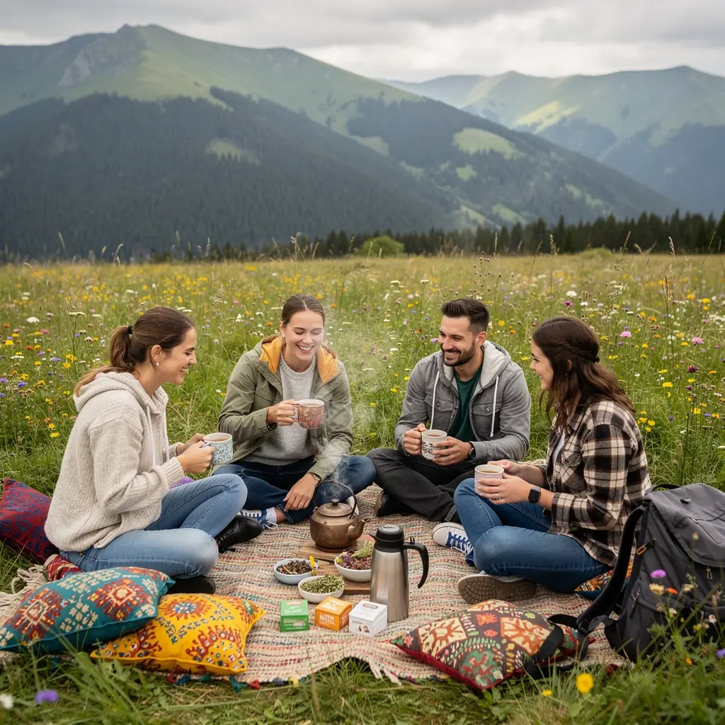 Pohár teplého čaju s relaxačnými bylinkami a parou stúpajúcou do vzduchu.