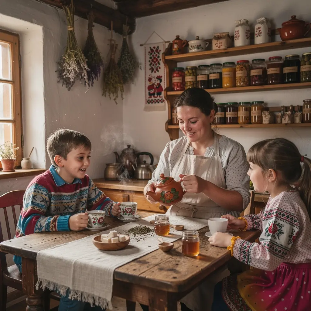 Čajový obrúsok s podnosom plným rôznych bylinkových čajov a šálkami.