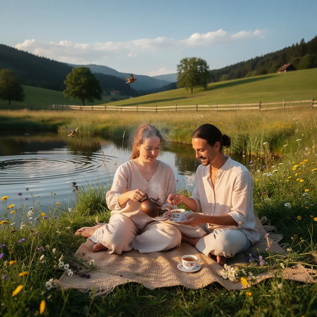 Pohľad na slnečný deň cez okno, s čajom na parapete, vytvárajúci pokojnú atmosféru.