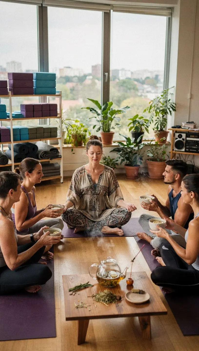 Harmonická šálka bylinkového čaju na drevenom stole v pokojnej atmosfére.